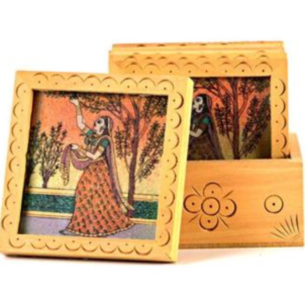 Handmade gemstone painted set of 6 tea coasters in wooden box